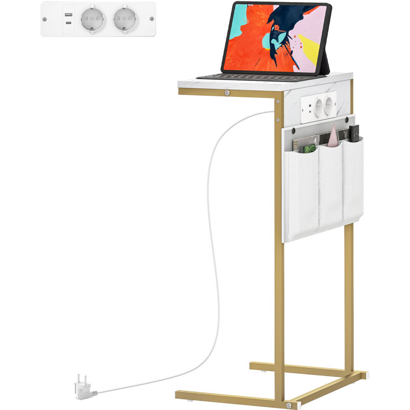 foto del prodotto homcom tavolino da divano a c effetto marmo con prese di corrente e usb bianco