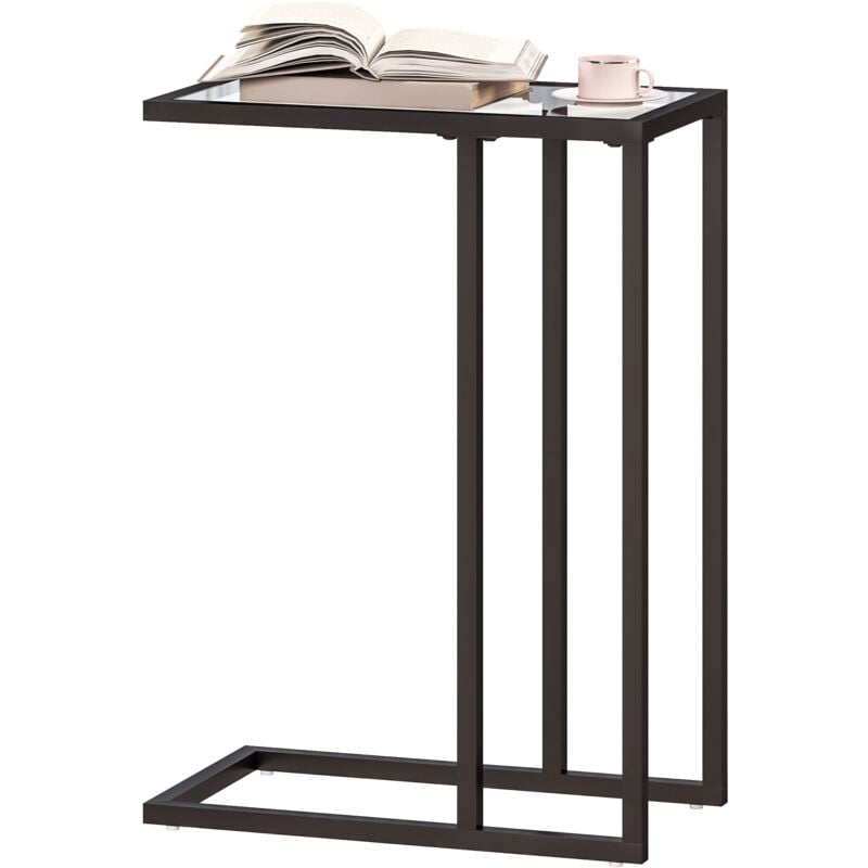 foto del prodotto homcom tavolino da salotto in vetro e acciaio a forma di c, 46x25x63.5 cm, nero