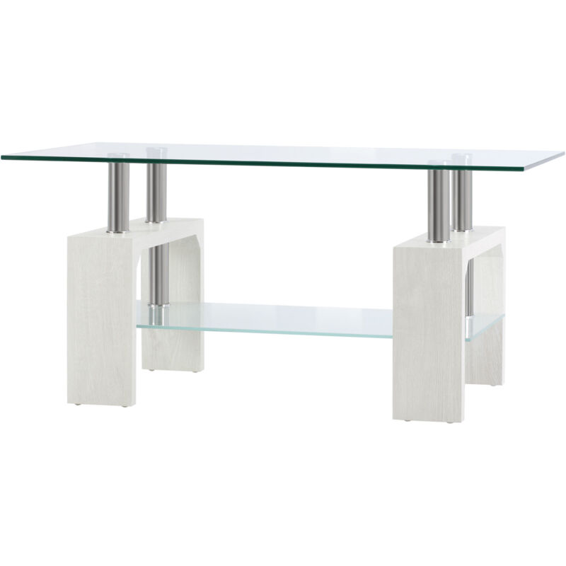 foto del prodotto homcom tavolino da salotto moderno in vetro e legno bianco 2 livelli 90x50x42cm