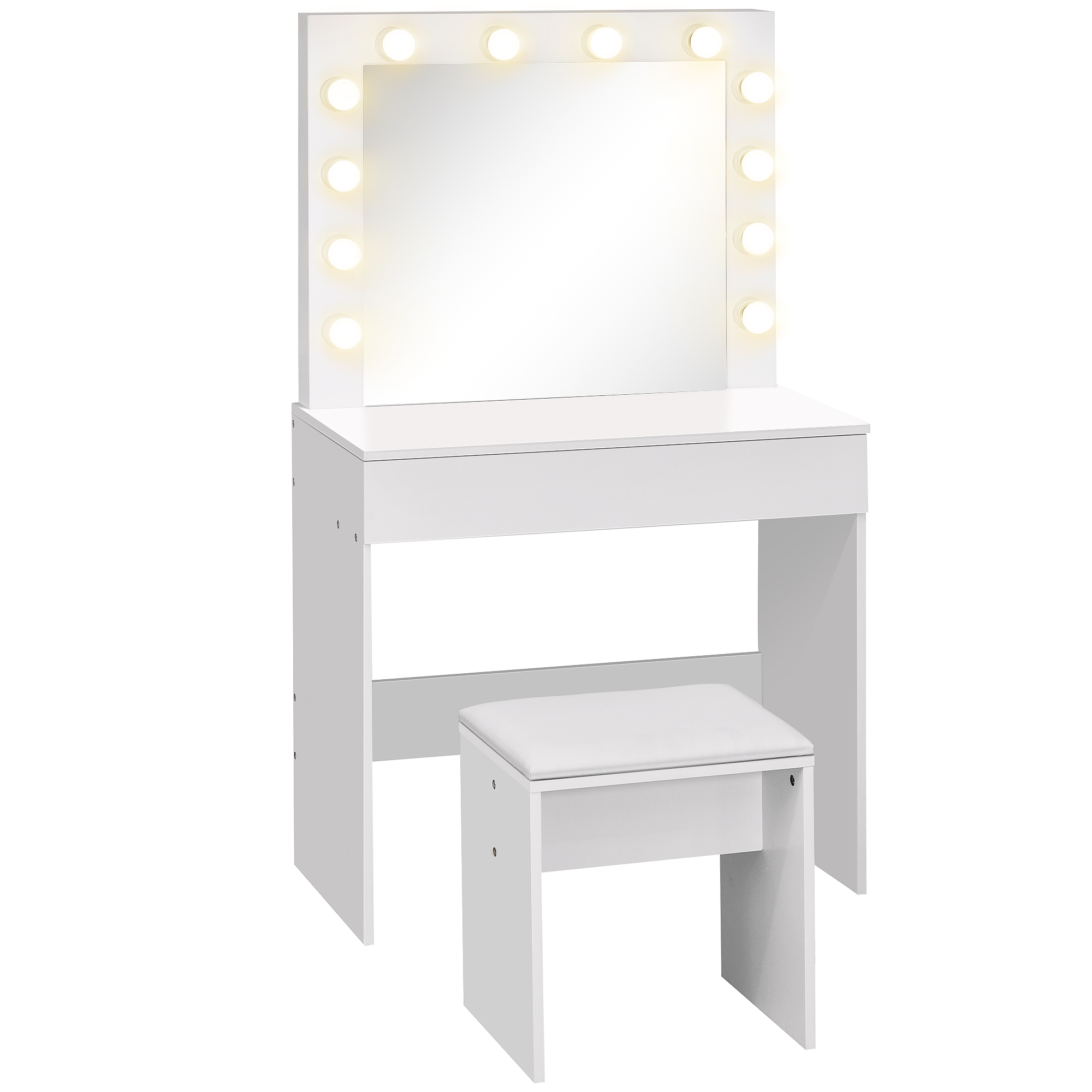 foto del prodotto homcom tavolo da trucco con sgabello imbottito specchio 12 lampadine a led ampio cassetto vintage per camera da letto in mdf bianco aosom