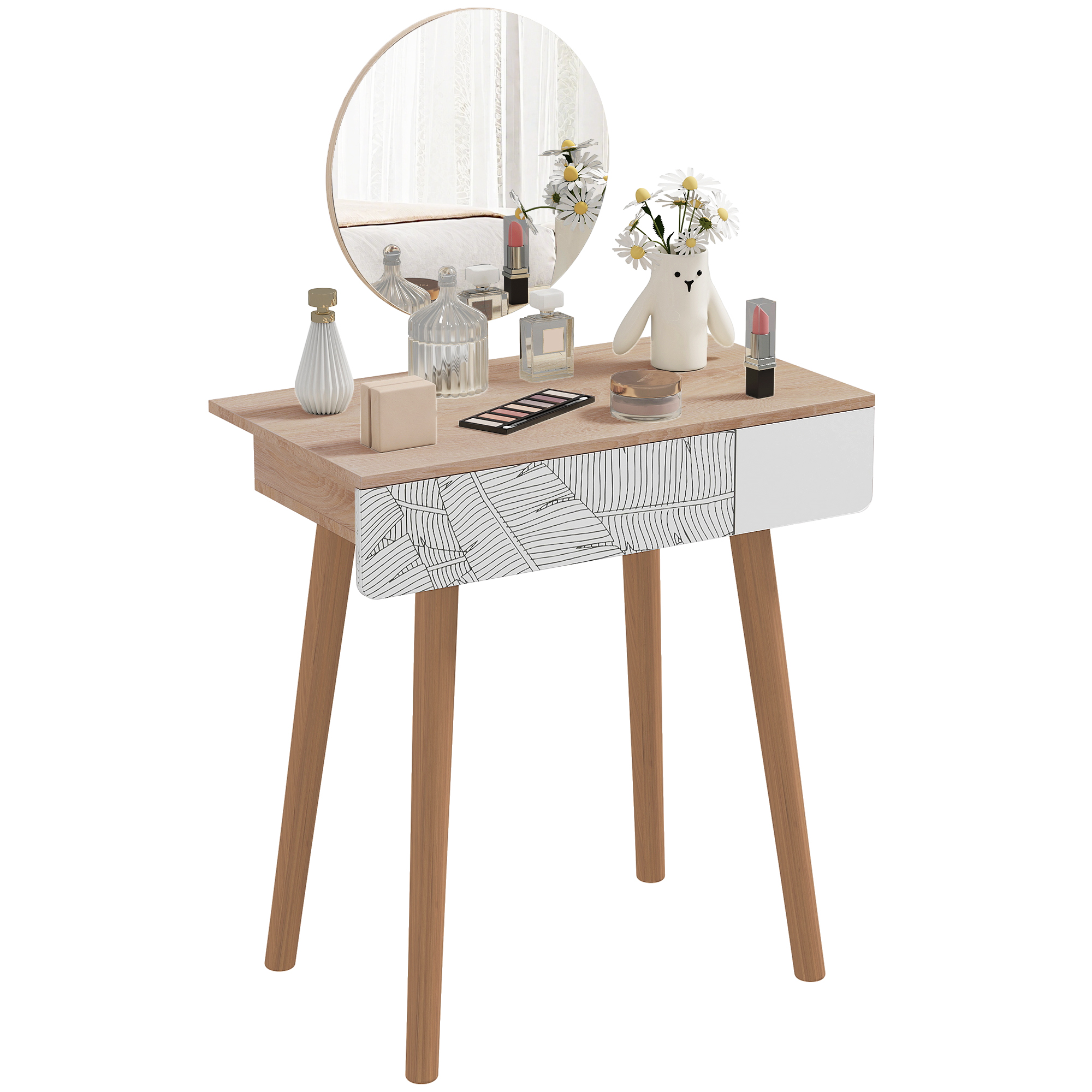 foto del prodotto homcom tavolo da trucco con specchio, ampio cassetto, gambe in legno, rovere e bianco, 70 x 39 x 120cm aosom