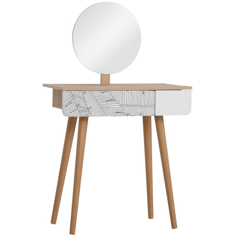 foto del prodotto homcom tavolo da trucco con specchio circolare e cassetto, bianco e rovere
