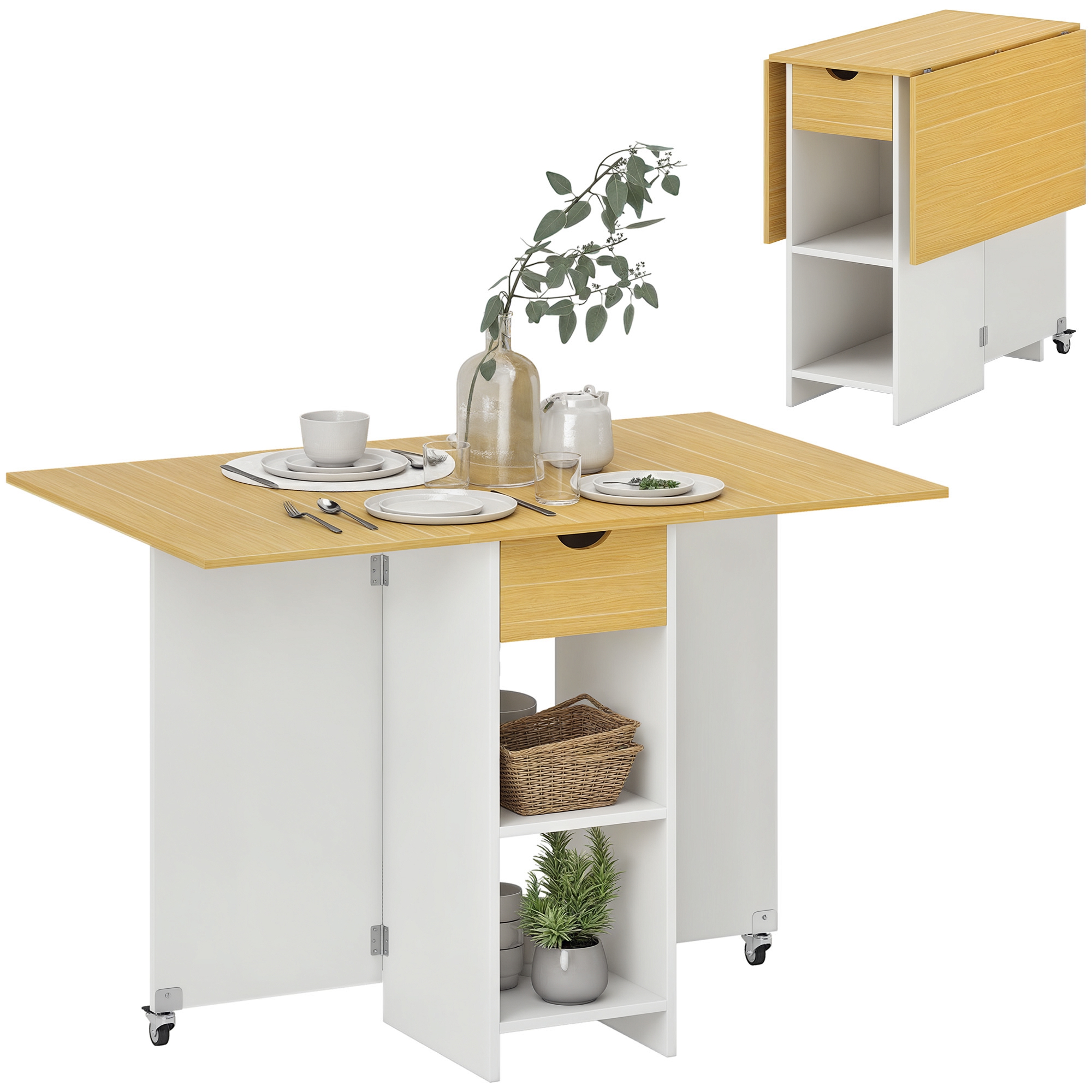 foto del prodotto homcom tavolo pieghevole consolle per 2-4 persone con scomparti aperti e ruote, cassetto e ripiani, in truciolato, quercia aosom italy