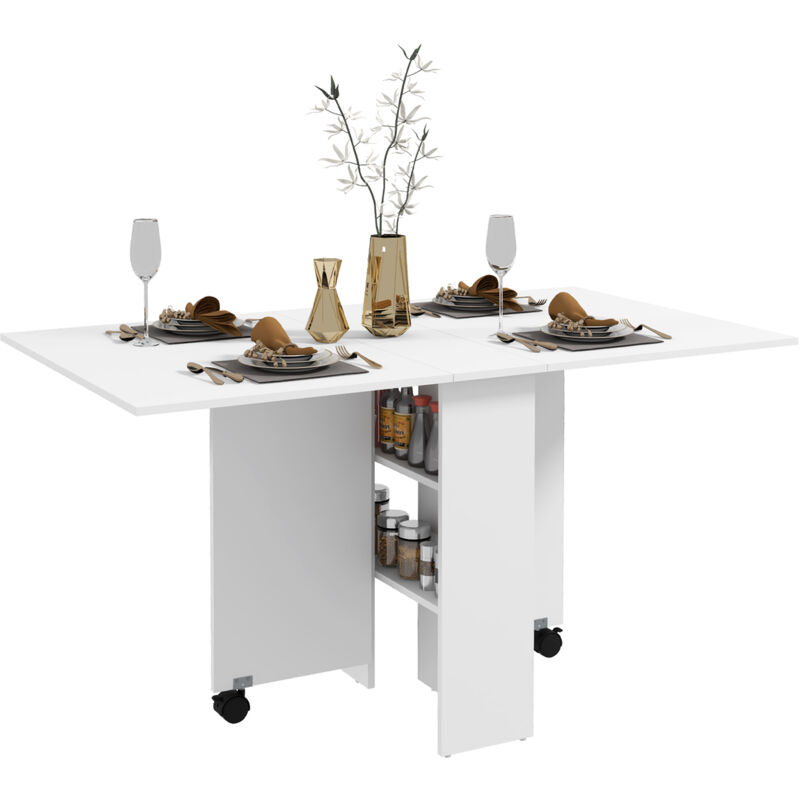 foto del prodotto homcom - tavolo pieghevole per 6 persone a 2 ribalte con ripiani e ruote, bianco