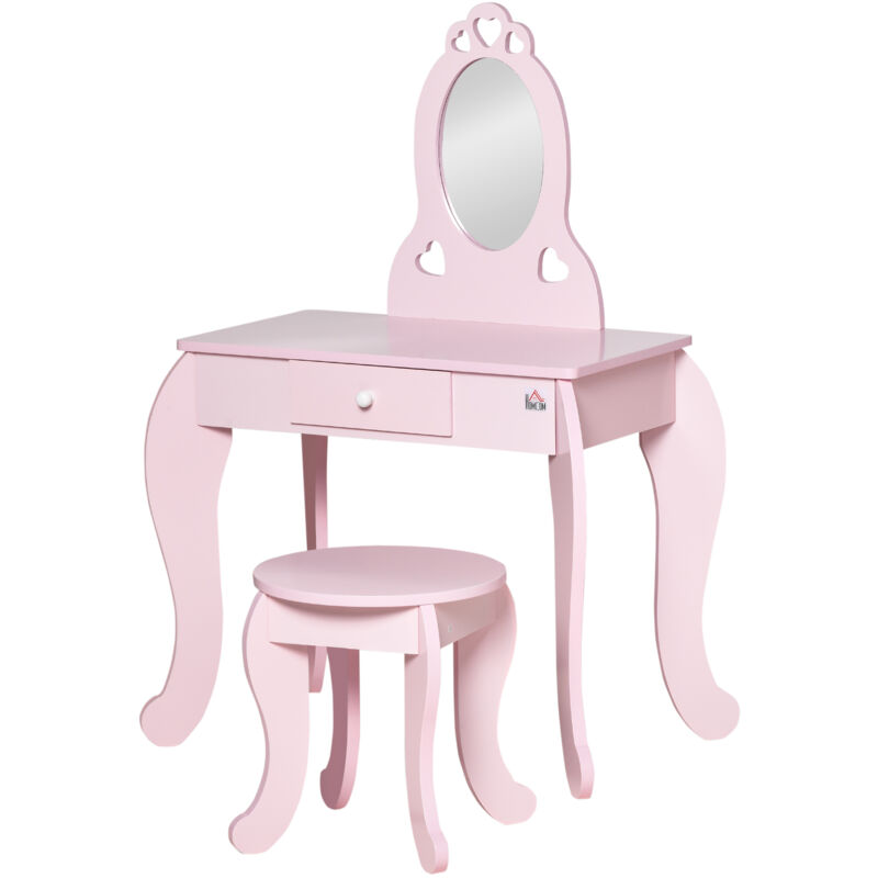foto del prodotto homcom toeletta per bambini e sgabello in legno rosa con specchio e cassetto