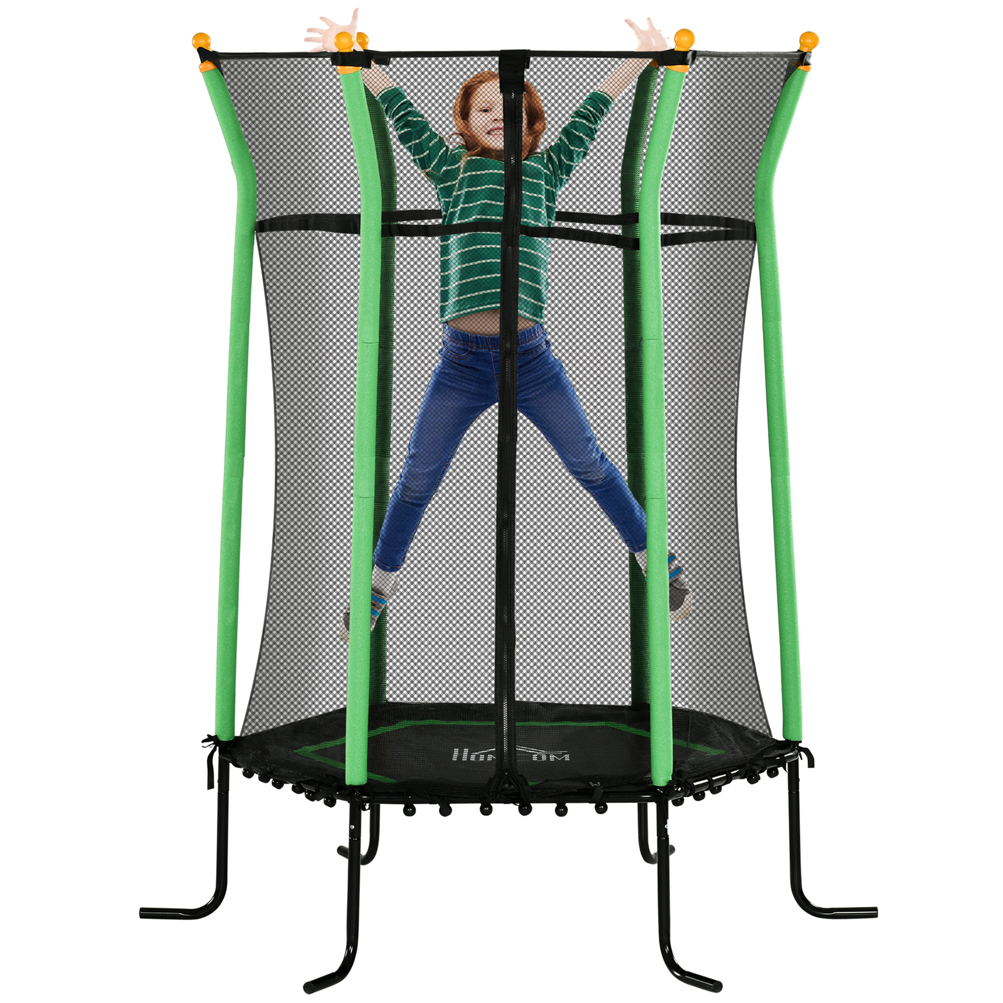 foto del prodotto homcom trampolino elastico per bambini 3-10 anni con ingresso a cerniera e pali imbottiti, 163.5x190 cm, verde
