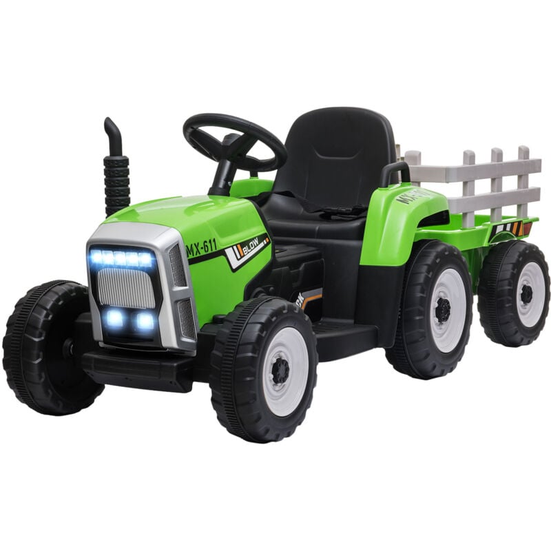 foto del prodotto homcom - trattore per bambini elettrico 12v con rimorchio e telecomando verde