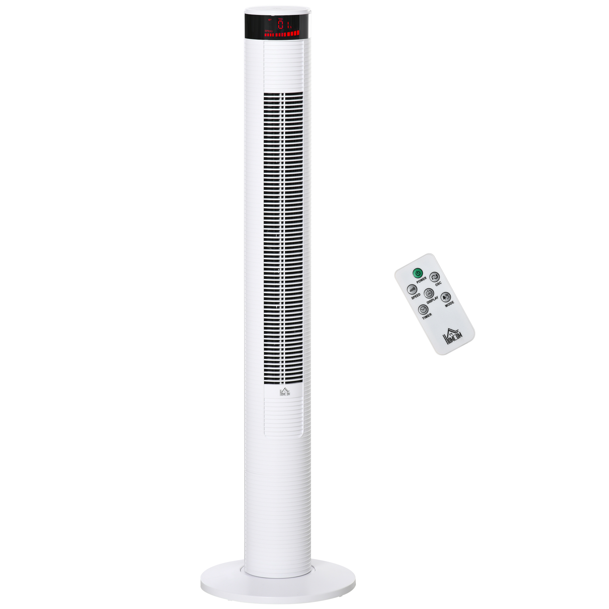 foto del prodotto homcom ventilatore a colonna 45w alto 117cm con 3 velocità, 4 modalità, timer 12h, oscillazione 70 , pannello led e telecomando, bianco aosom