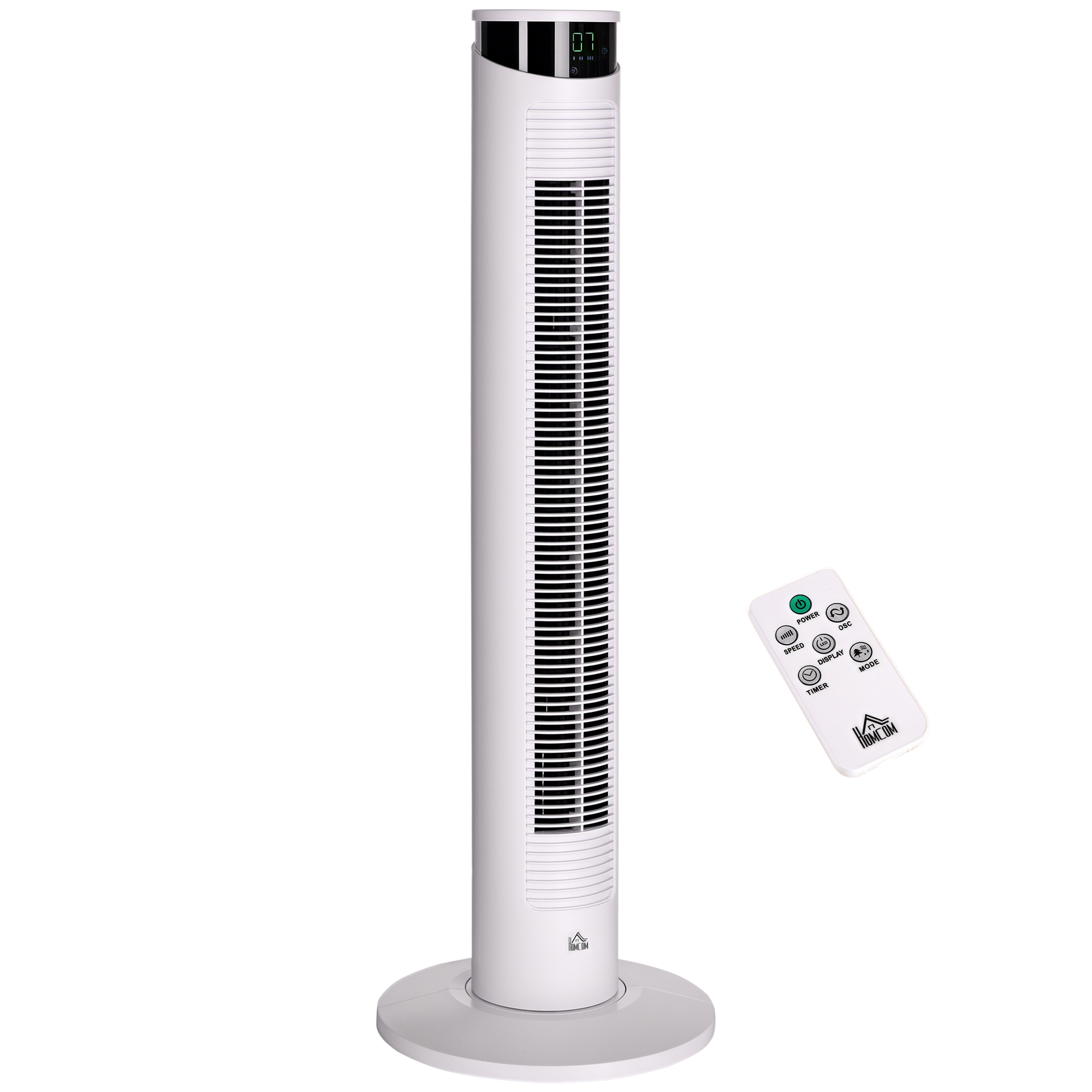 foto del prodotto homcom ventilatore a torre 45w a 4 modalità e 3 velocità con timer da 12h, in abs e alluminio, 31.5x93 cm, bianco aosom