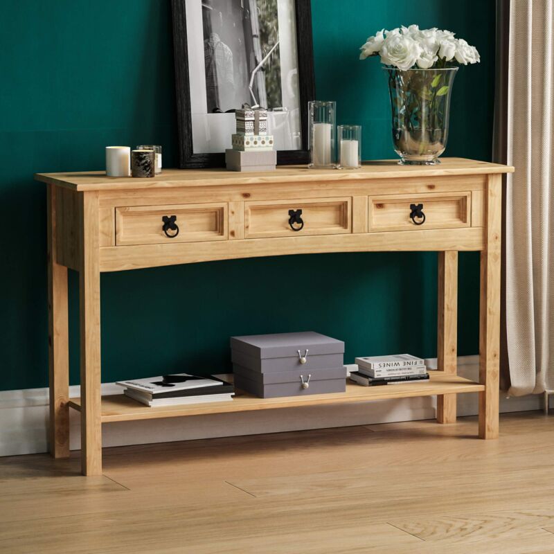 foto del prodotto home discount consolle corona, con 3 cassetti e un ripiano, in legno di pino massiccio, mobile messicano