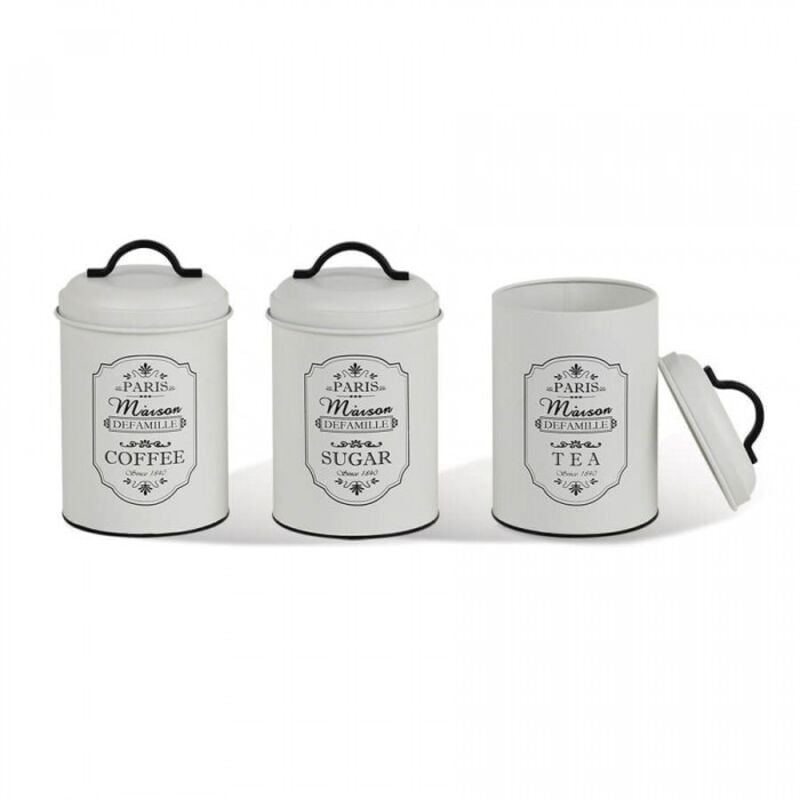 foto del prodotto homea decoration - maestro mr-1771-3cs paris - set de 3 contenitori de conservazione de metallo per zucchero e caffè, tè, 3 x 11,3 x 18,5 cm, colore bianco e nero.