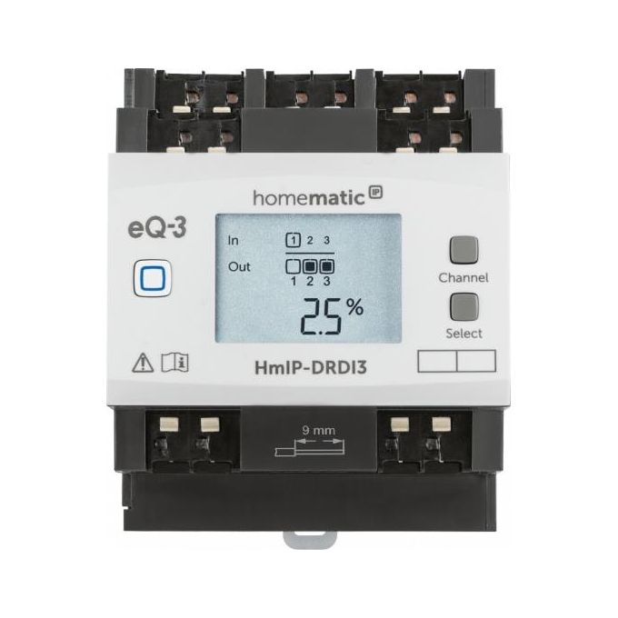foto del prodotto homematic ip hmip-drdi3 din montato su guida attuatore dimmer 3 canali