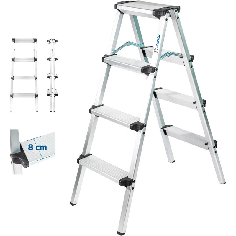foto del prodotto homilix4 scaletta a 4 gradini, piccola scaletta pieghevole, alluminio, design compatto e robusto, altezza massima di lavoro 2,59 m, garanzia di 5