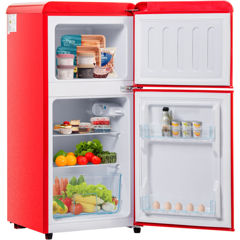 foto del prodotto hommoo frigorifero retr rosso con illuminazione a led, congelatore combinato, 2 porte. 163 kwh anno, 27 c 13 c, classe energetica premium rossa