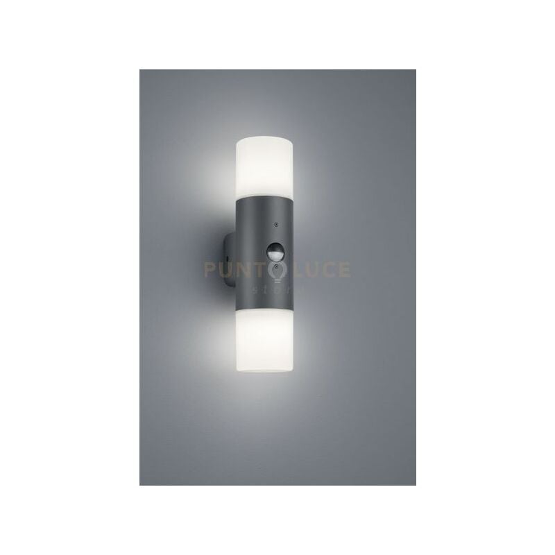 foto del prodotto hoosic applique led cilindro antracite e doppio diff. bianco con sensore di movimento h.33 cm 2 luci attacco e27