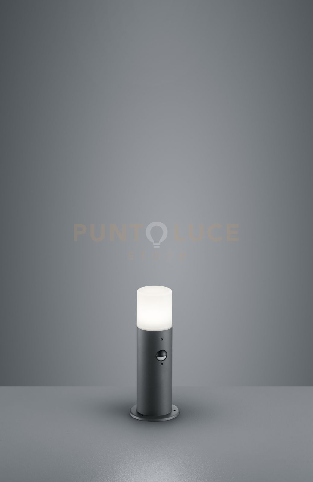 foto del prodotto hoosic palo led cilindro antracite e diffusore bianco con sensore di movimento h.30 cm 1 luce attacco e27
