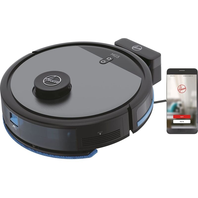 foto del prodotto hoover hg5 hydro robot aspirapolvere lavapavimenti con mappatura, 0,2 l, wi fi, 5 modalit , 1 spazzola xl e 2 laterali, 34x34x10,3 cm, grigio