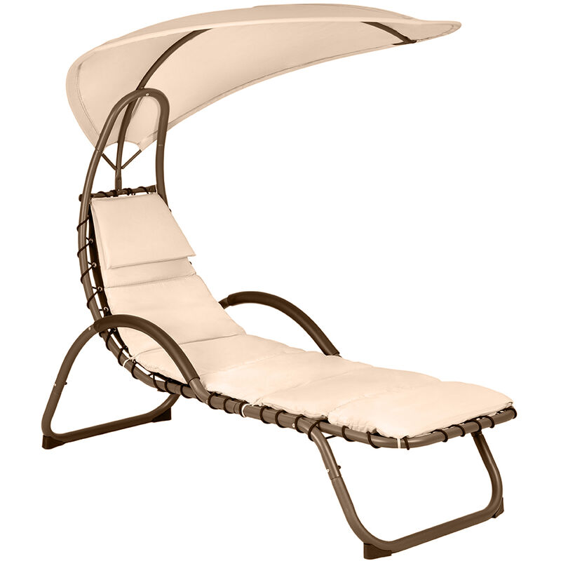 foto del prodotto hortan lettino sdraio prendisole con cuscino imbottito, seduta ergonomica, tetto parasole e telaio in acciaio inossidabile beige
