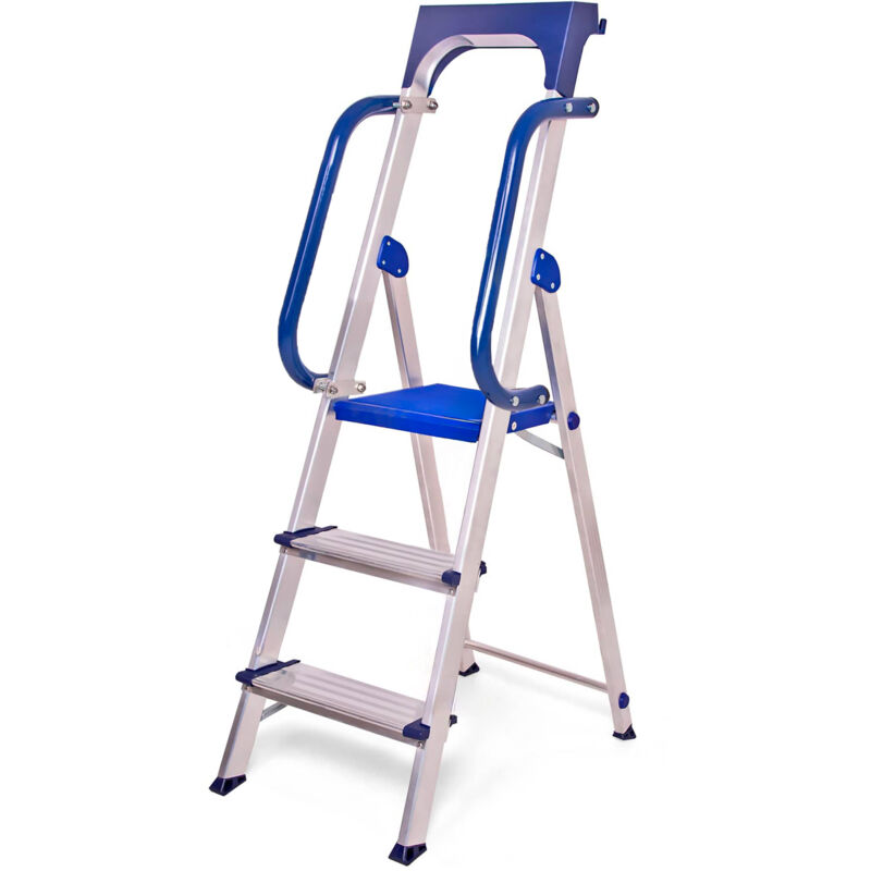 foto del prodotto hostr m scala secure 3 gradini robusta, alluminio rinforzato, corrimano, vaschetta portautensili rimovibile, altezza piattaforma 66 cm, portata 150