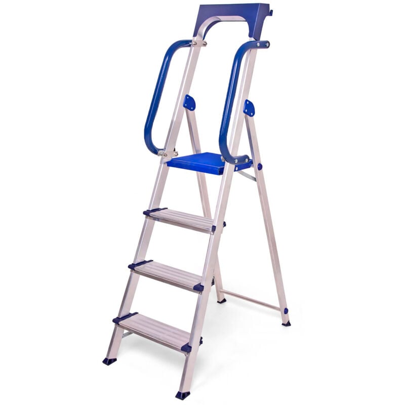 foto del prodotto hostr m scala secure 4 gradini robusta, alluminio rinforzato, corrimano, vaschetta portautensili rimovibile, altezza piattaforma 89 cm, portata 150