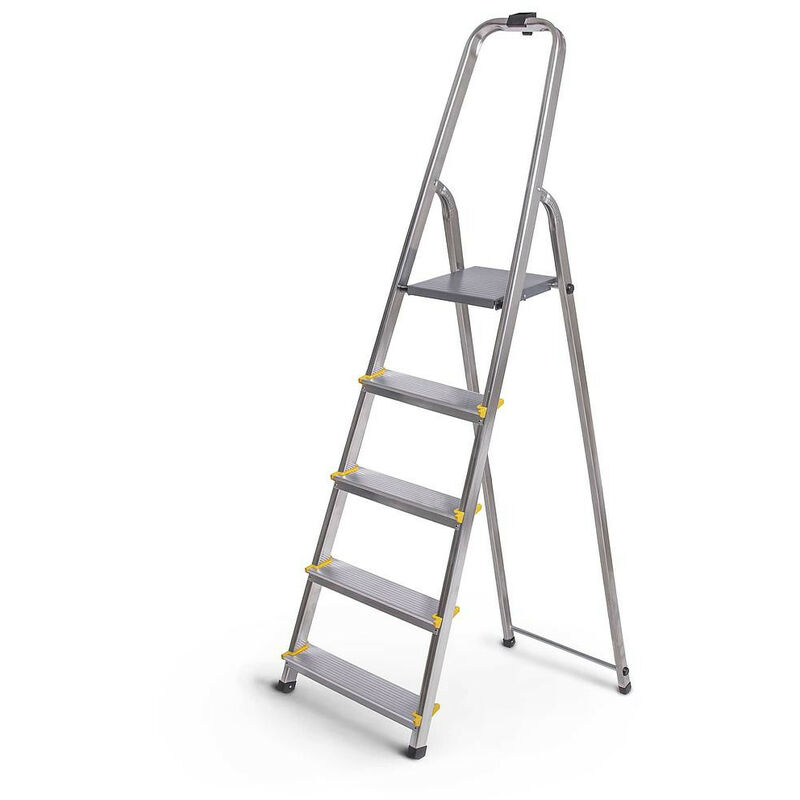 foto del prodotto hostrom scala dura in alluminio 5 gradini, leggera e pieghevole, piedini antiscivolo, altezza piattaforma 97 cm, portata massima 150 kg