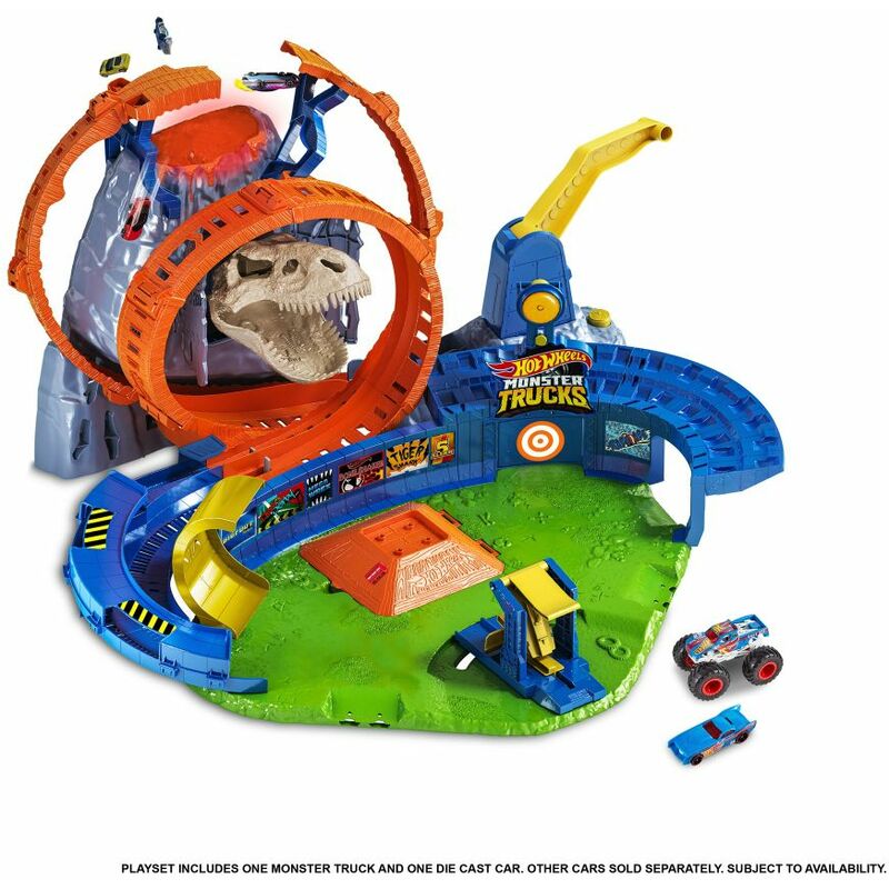 foto del prodotto hot wheels monster trucks arena vulcano, playset con luci e suoni, 2 lanciatori, 1 monster truck e 1 macchinina 3 anni