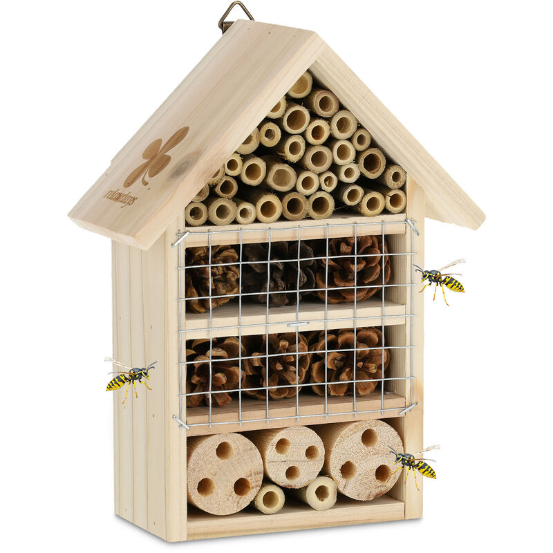 foto del prodotto hotel per insetti, casa per api e coccinelle, legno d abete, bamb , pigne, giardino, hlp 24x18x9 cm, naturale relaxdays