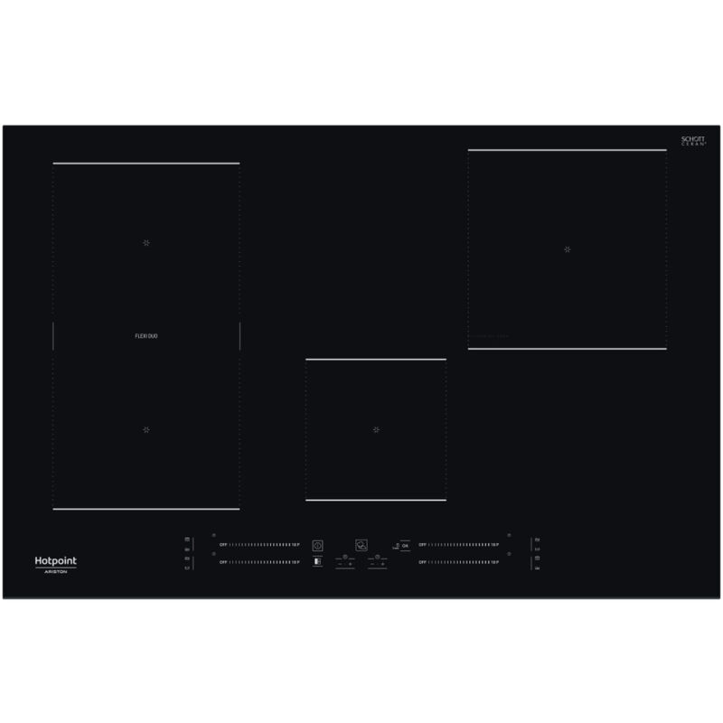 foto del prodotto hotpoint ariston piano cottura a induzione hs 3377c bf. colore del prodotto nero, posizionamento dell apparecchio da incasso, dimensione della