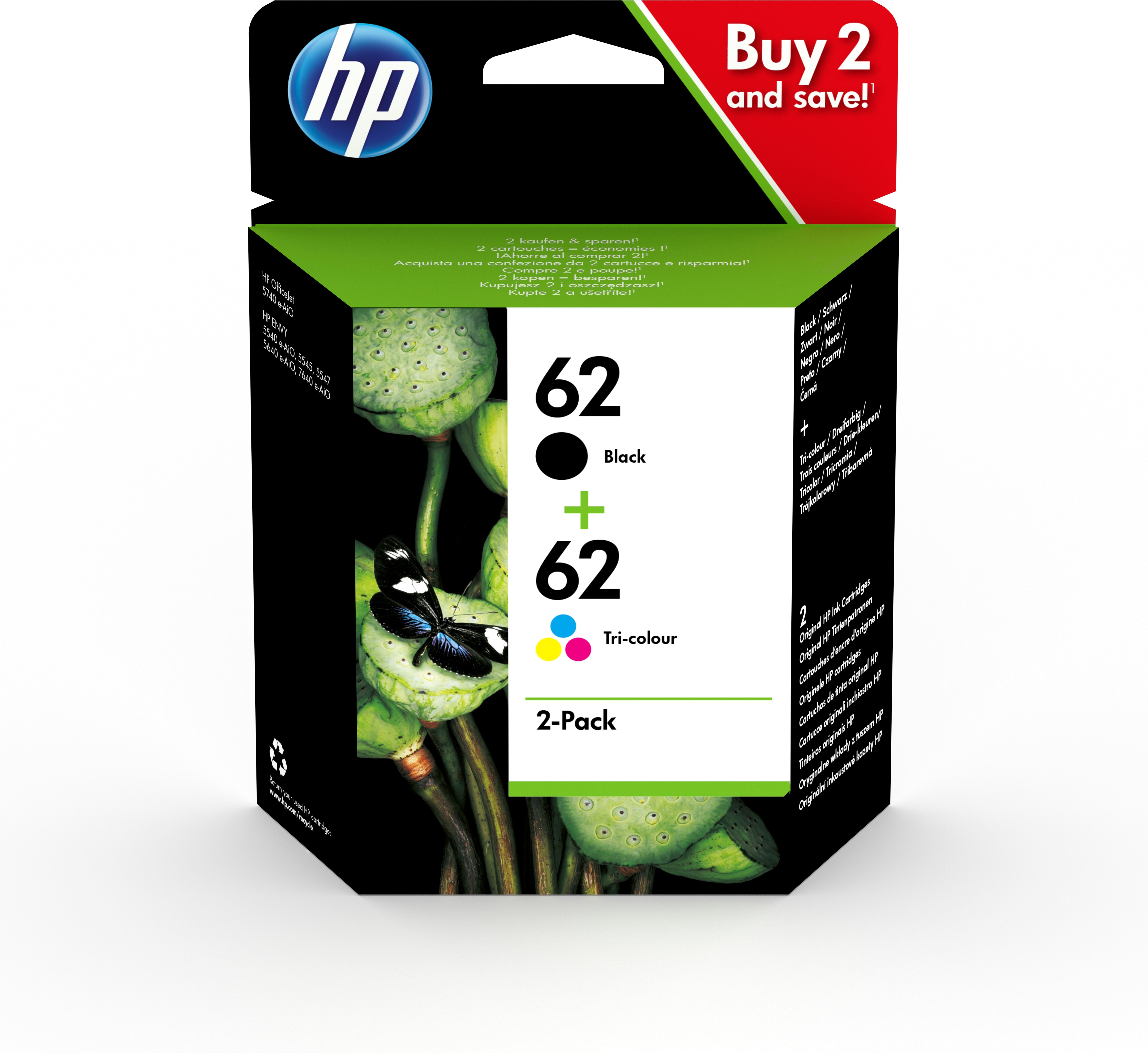 foto del prodotto hp confezione da 2 cartucce originali di inchiostro nero tricromia 62