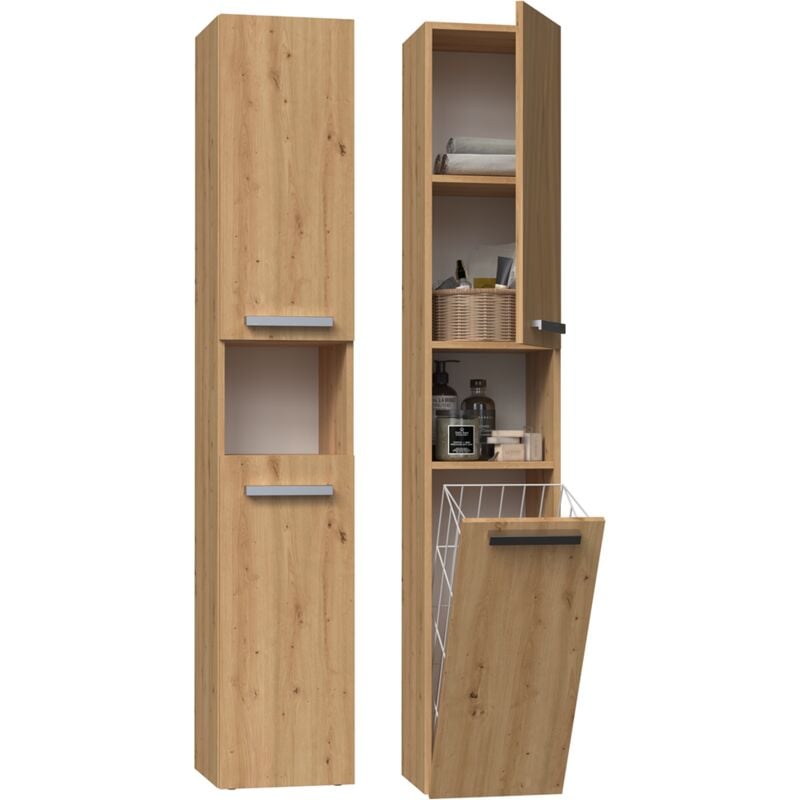 foto del prodotto hucoco horti mobile da bagno con cesto portabiancheria 31x30x174cm colonna portaoggetti per il bagno