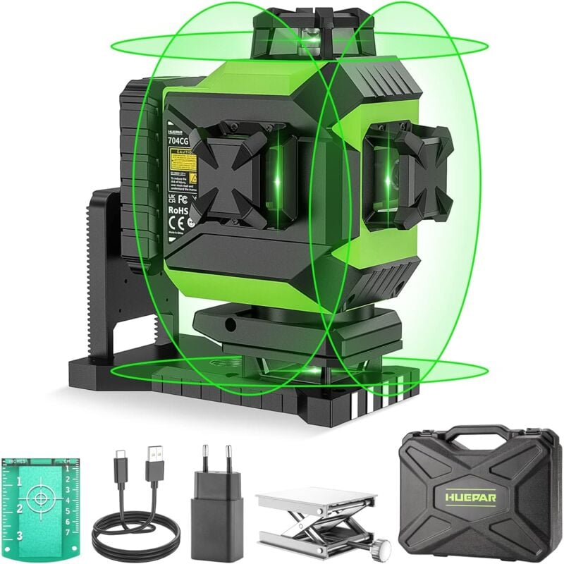 foto del prodotto huepar 4x360 livello laser autolivellante 4d raggio verde linea trasversale 16 linee strumento laser per piastrelle per pavimenti 2x360 linee