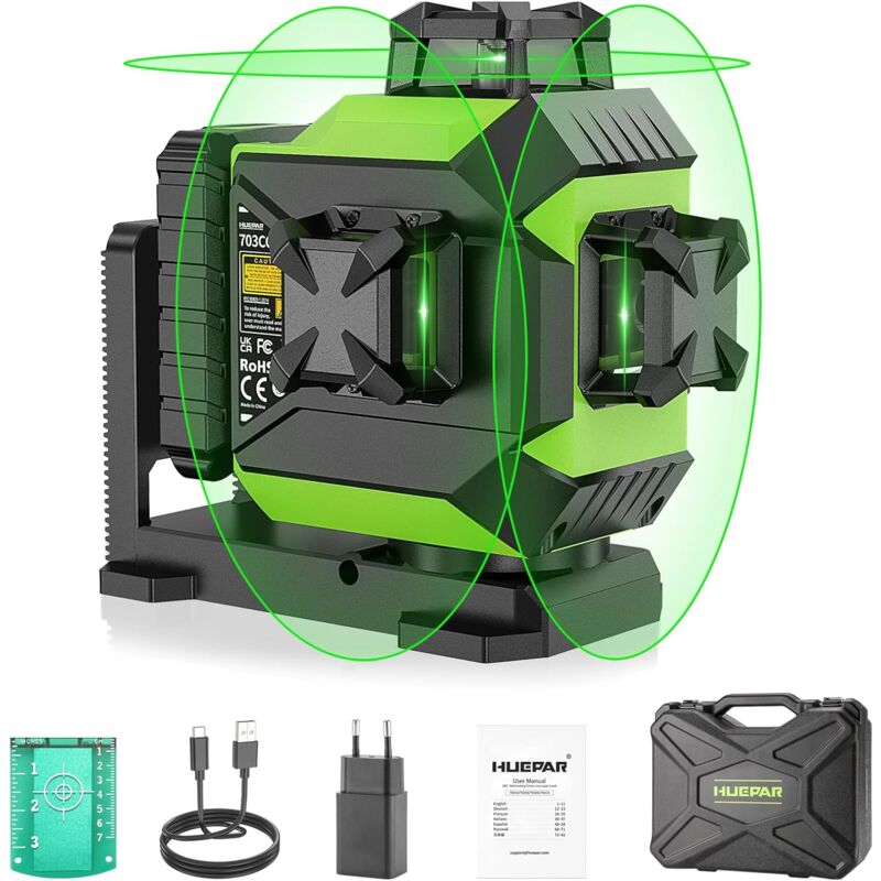 foto del prodotto huepar 703cg livella laser a linee incrociate autolivellante 3d osram green beam a 12 linee con custodia rigida per il trasporto