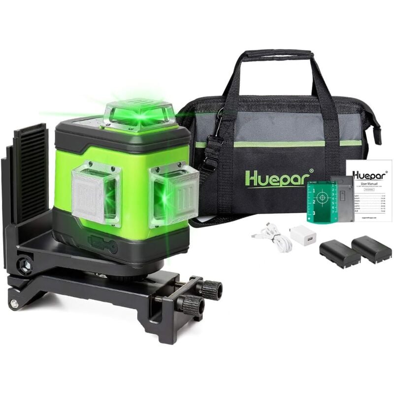 foto del prodotto huepar cross line laser verde, 3 x 360 25m livella laser regolazione portatile, 12 linee verticali e orizzontali autolivellanti ip54 con batteria