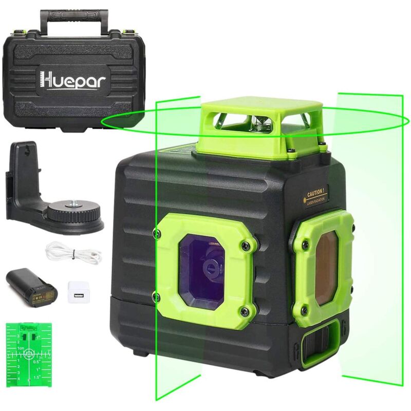foto del prodotto huepar laser a linea incrociata con batteria agli ioni di litio, livella laser autolivellante verde multilinea a 360 , batteria agli ioni di litio