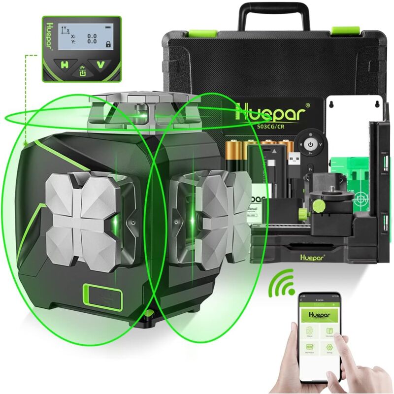 foto del prodotto huepar livella laser autolivellante 3d a 12 linee con schermo lcd 3x360 bluetooth connesso strumento di livello laser a linee incrociate con
