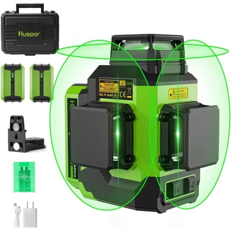 foto del prodotto huepar livella laser autolivellante 3d raggio verde livellamento e allineamento a tre piani strumento laser autolivellante 2 batterie agli ioni di