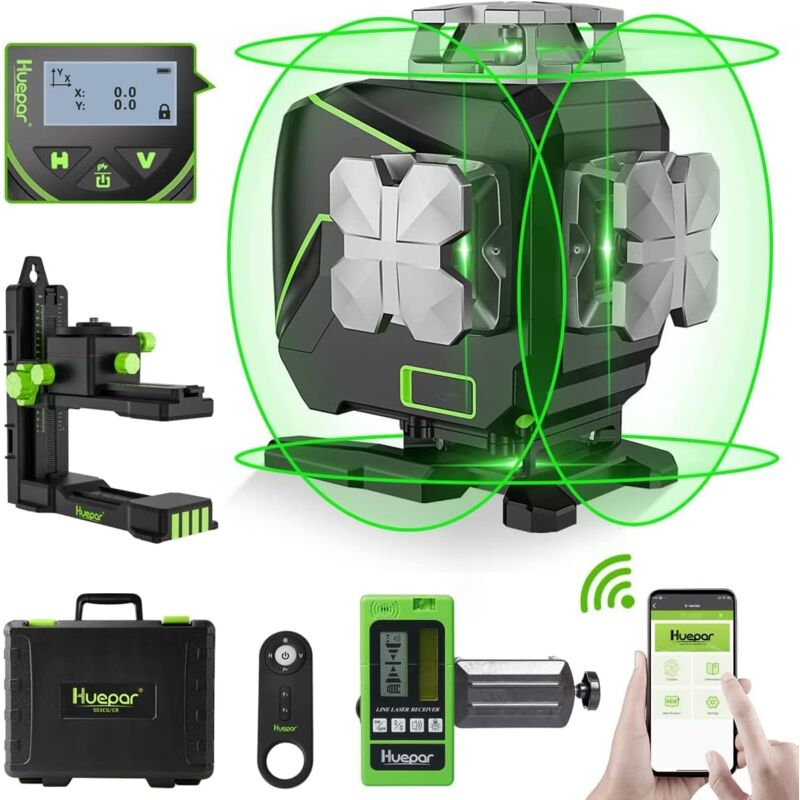 foto del prodotto huepar livella laser autolivellante a 16 linee laser a linea trasversale 4x360 con ricevitore schermo lcd, strumento laser per piastrelle a