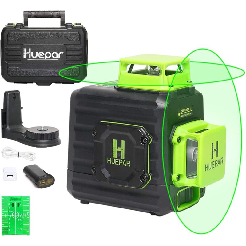 foto del prodotto huepar livella laser autolivellante a linea trasversale 2 x 360, strumento laser di livellamento e allineamento a doppio piano con raggio verde a