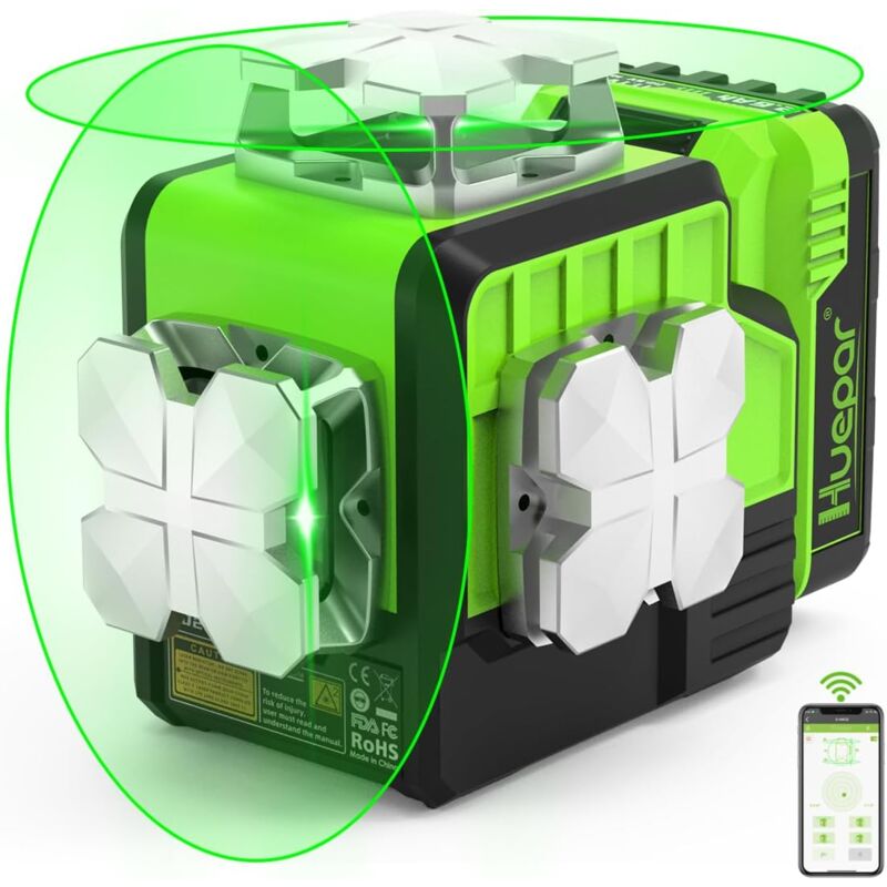 foto del prodotto huepar livello laser bluetooth autolivellante 2x360, elevata luminosit , laser incrociato a raggio verde a 360 , batteria agli ioni di litio di