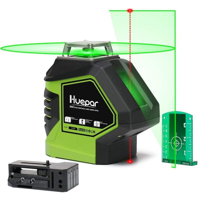 foto del prodotto huepar livello laser verde autolivellante linea trasversale a 360 gradi con 2 punti a piombo 621cg