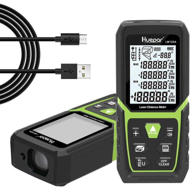 foto del prodotto huepar misuratore di distanza laser 393ft con batteria agli ioni di litio e sensore angolare elettrico, misuratore laser lcd retroilluminato