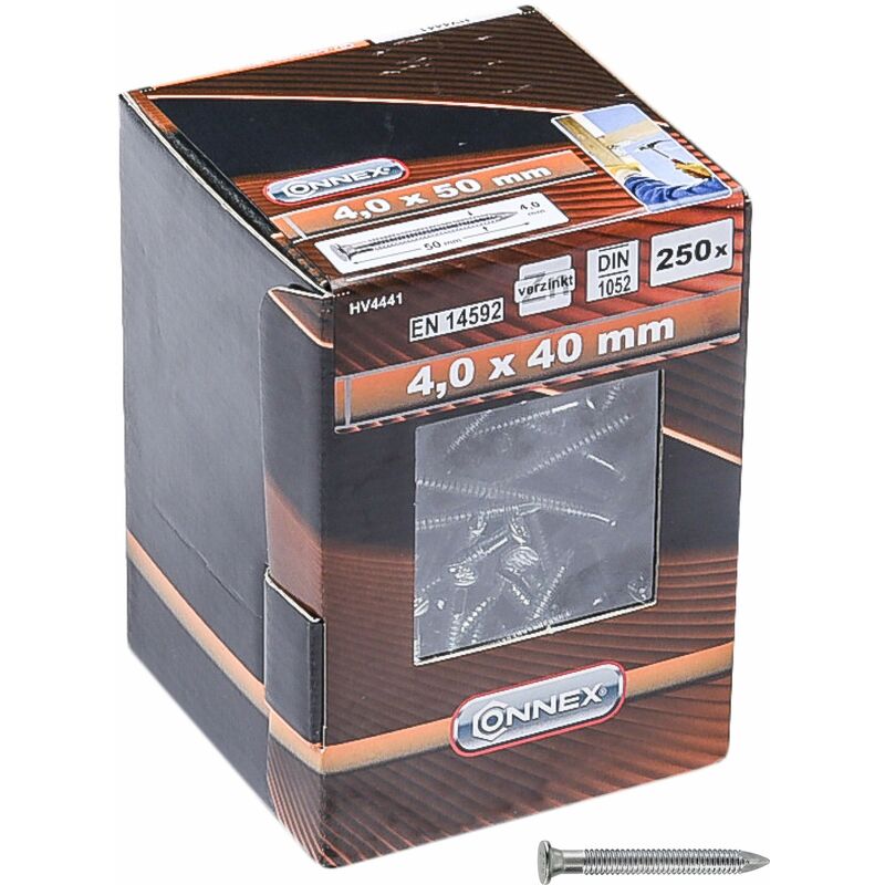 foto del prodotto hv4440 250 chiodi di ancoraggio 4,0 x 40 mm, conformi con din 1052, omologati per l edilizia, in confezione di cartone connex