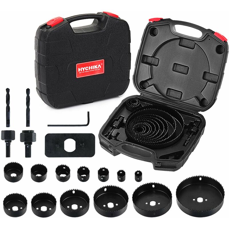 foto del prodotto hychika sega a tazza 19 pcs seghe per trapano, con 13 x lame per sega 19 mm 152 mm, 2 x punte a forare, 2 x mandrini, piatto di installazione e