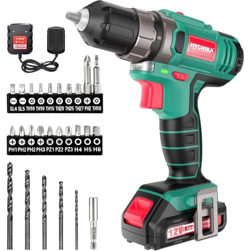 foto del prodotto hychika trapano avvitatore batteria 12v, 2 velocit 21 1 impostazione della coppia massima di 30 nm, 5x punte elicoidali, 20x pezzi di viti,