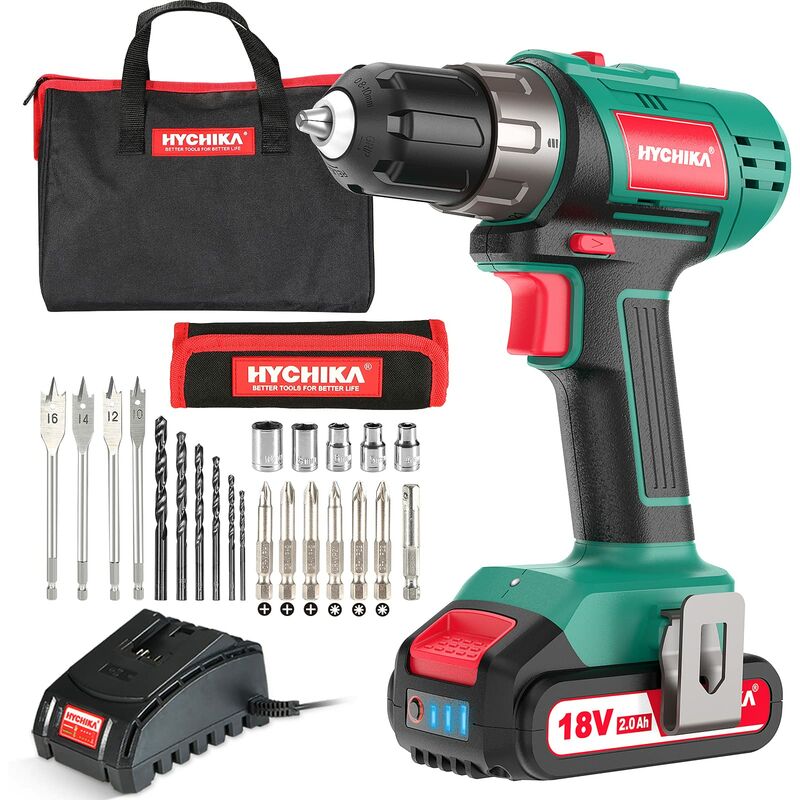 foto del prodotto hychika trapano avvitatore batteria 18v avvitatore a batteria 2 velocit 35nm da 2.0ah, ricarica rapida in 1 ora, 22 accessori inclusi
