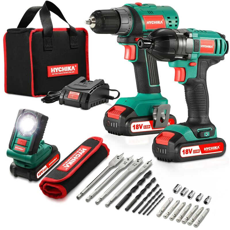 immagine 0 del prodotto hychika trapano avvitatore batteria 18v, trapani combinati avvitatore a impulsi 160nm, 2x2,0ah batteria, torcia a led, borsa di stoccaggio e 22