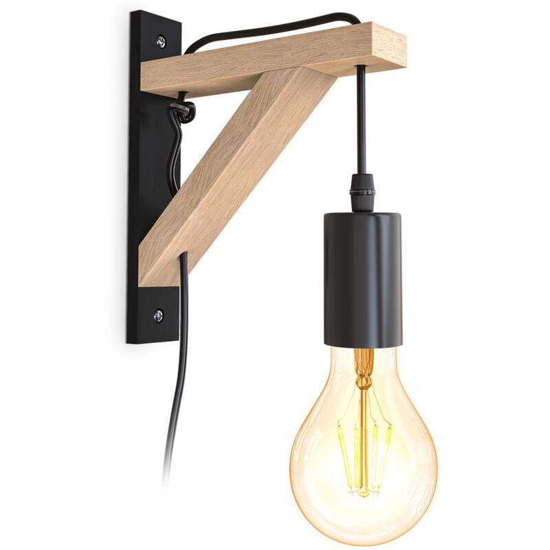 foto del prodotto i lampada da parete in legno i legno nero naturale i interruttore con cavo da 2,5 m i e27 i 1 fiamma i senza lampadina b.k.licht
