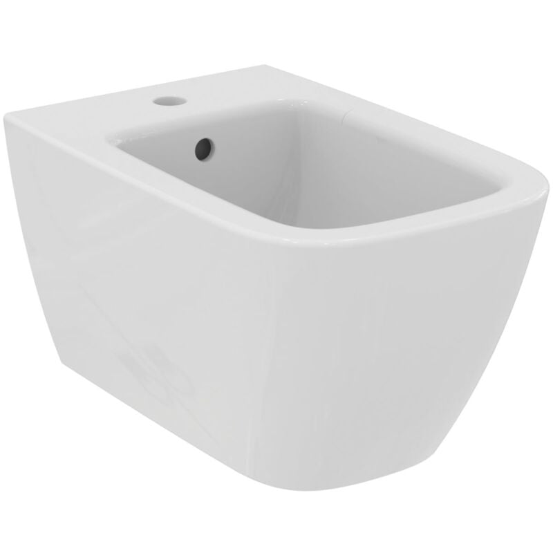 foto del prodotto i.life b, bidet sospeso con foro rubinetteria e troppopieno, e packaging dedicato al trasporto di ceramica, bianco ideal standard