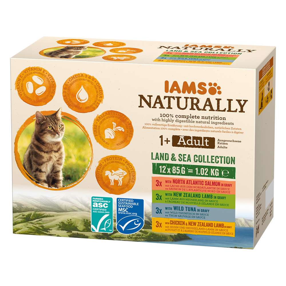 foto del prodotto iams naturally adult cat land sea collection alimento umido per gatti 12 x 85 g mix di terra e mare