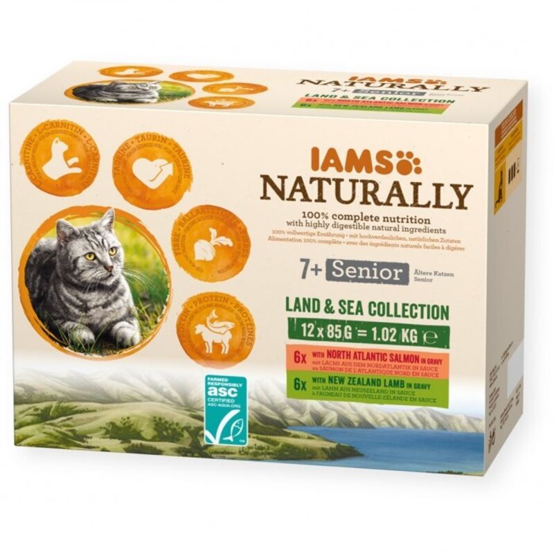 foto del prodotto iams naturally senior set di sapori di pesce e carne 12x85g per gatti